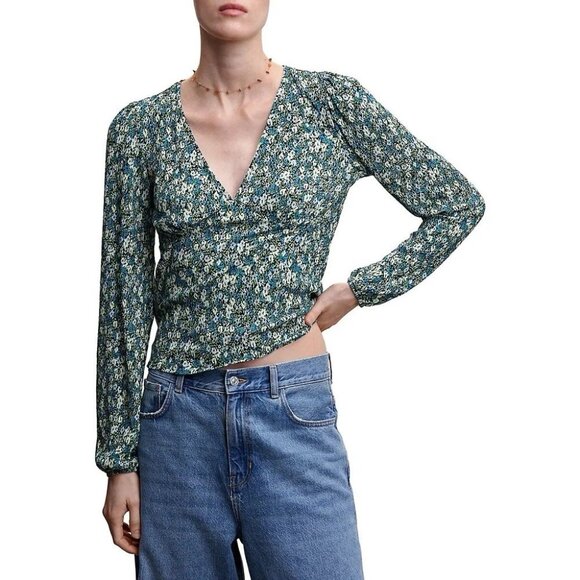 Mango Tops - Mango Pamy floral v-neck long sleeve blouse blue green L